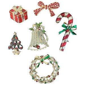 Festive Holiday Brooch Set - Red, Green, Gold